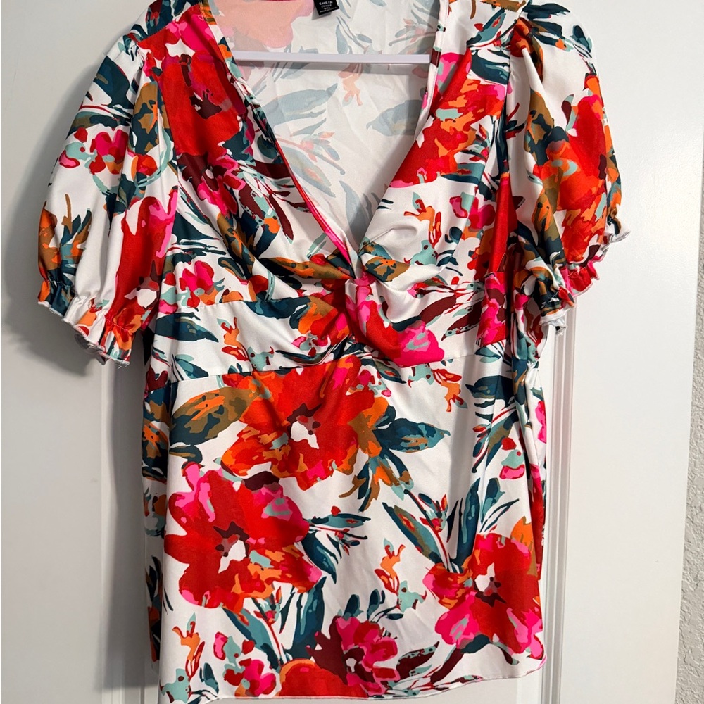 SHEIN White Floral V-Neck Puff Sleeve Top - Red Pink Green
